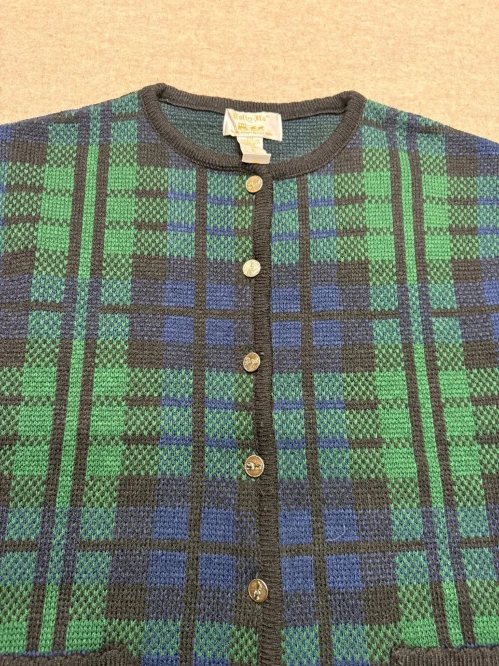 Vintage Tally-Ho Black Watch Pattern Button Down Long Sleeve Cardigan Large - Picture 2 of 9